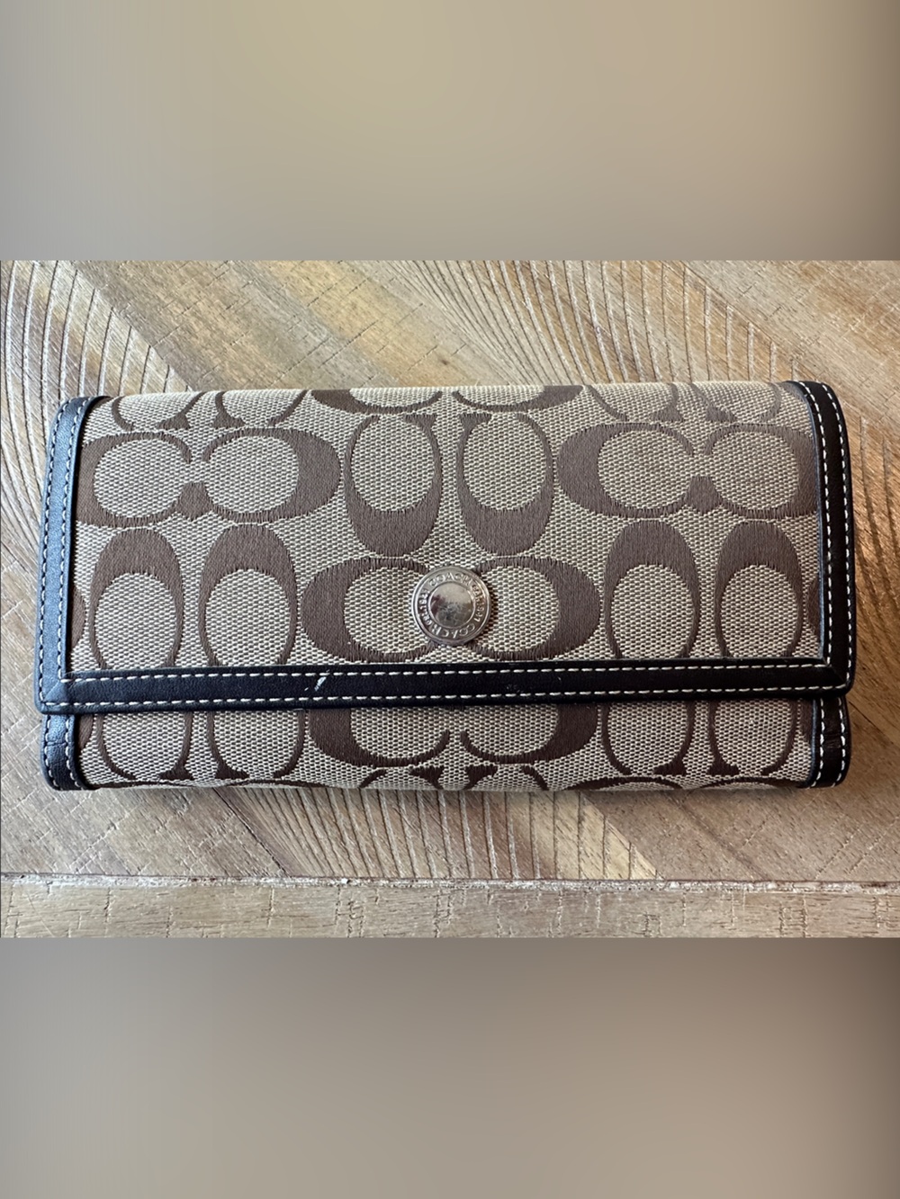 Coach Signature Brown & Khaki Canvas Checkbook Wallet Snap Closure
